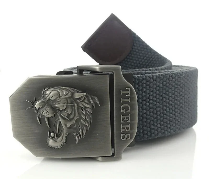 Men Canvas Belt Tiger Metal Buckle Army Military Tactical Belts for Men Jeans Outdoor Training Soldier Strap Male Black