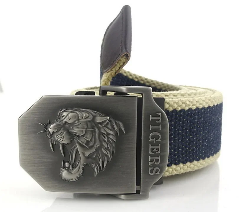 Men Canvas Belt Tiger Metal Buckle Army Military Tactical Belts for Men Jeans Outdoor Training Soldier Strap Male Black