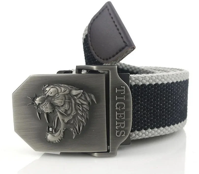 Men Canvas Belt Tiger Metal Buckle Army Military Tactical Belts for Men Jeans Outdoor Training Soldier Strap Male Black