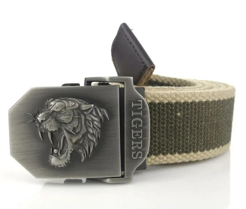 Men Canvas Belt Tiger Metal Buckle Army Military Tactical Belts for Men Jeans Outdoor Training Soldier Strap Male Black