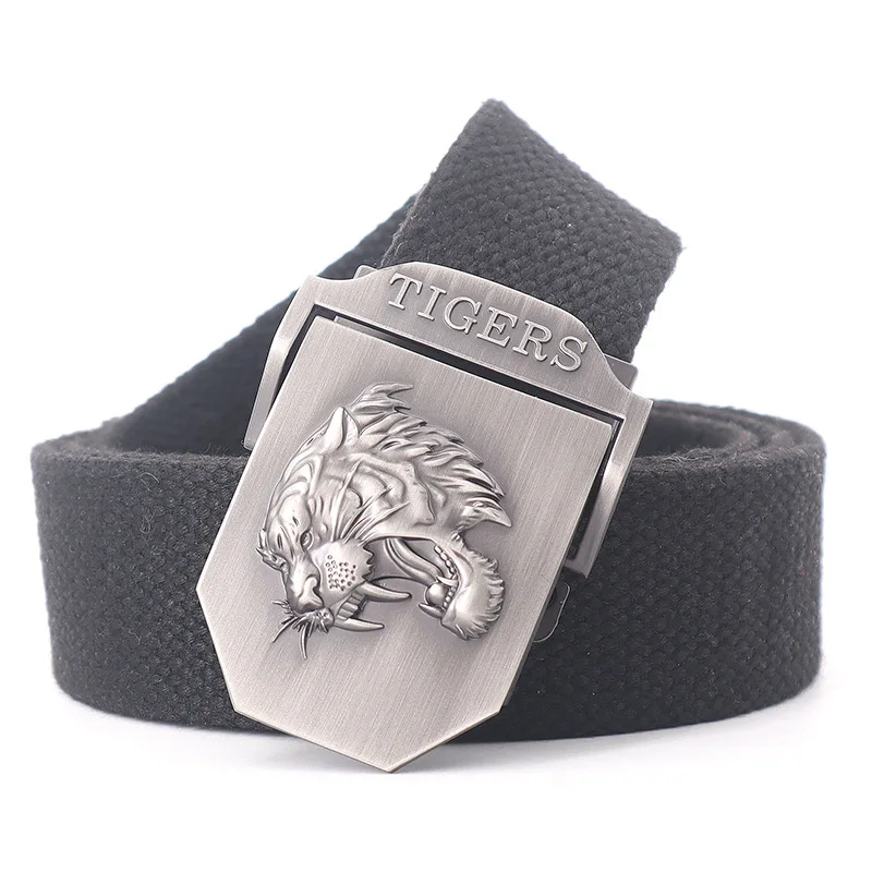 Men Canvas Belt Tiger Metal Buckle Army Military Tactical Belts for Men Jeans Outdoor Training Soldier Strap Male Black