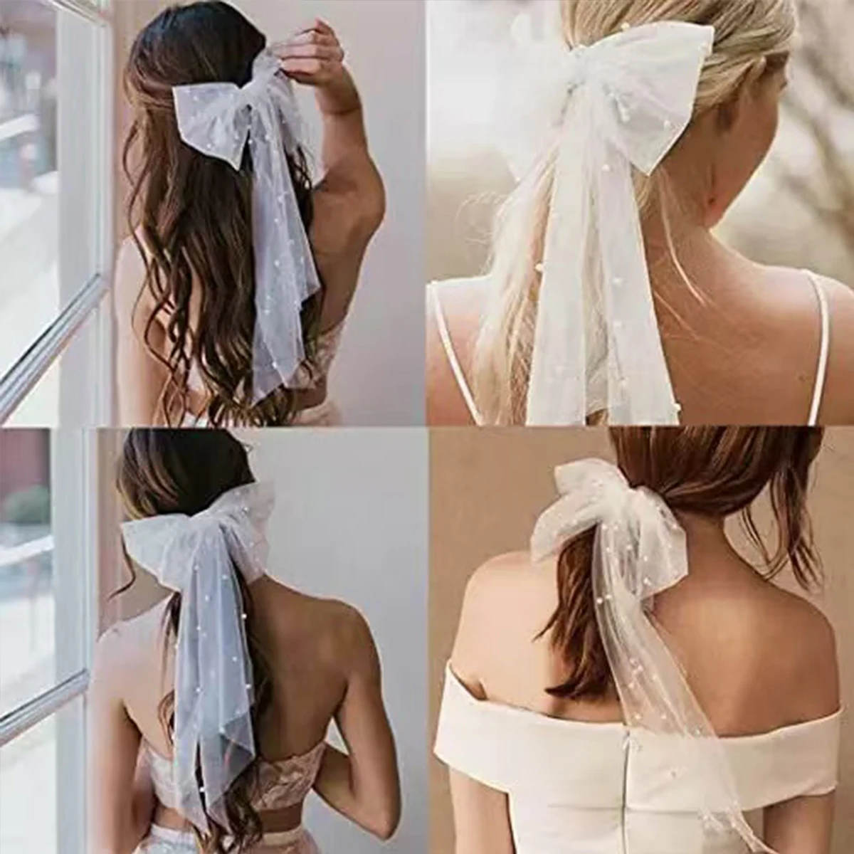 1pc white mesh imitation pearl streamer bow hairpin, retro simple temperament bridal wedding veil sweet bridesmaid hairpin