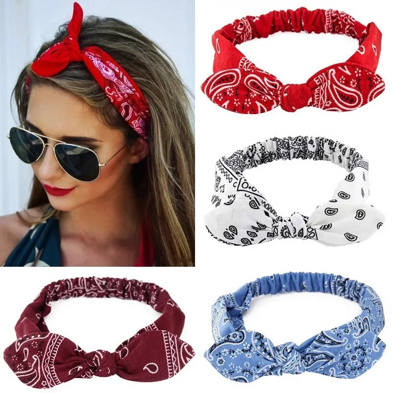 1PC 4 Colors Printed Rabbit Ears Elastic Contour Crossover Hairband Wire Knot Elastic Hairband Stretch Headband
