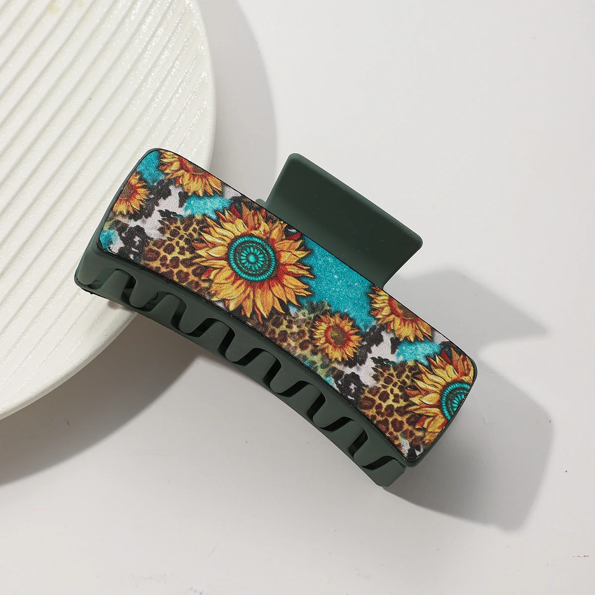 Western Leather Hair Claw Clips Sunflower Floral Square Claw Clips for Hairstyling Southwest Print PU Leather Hair Accessories