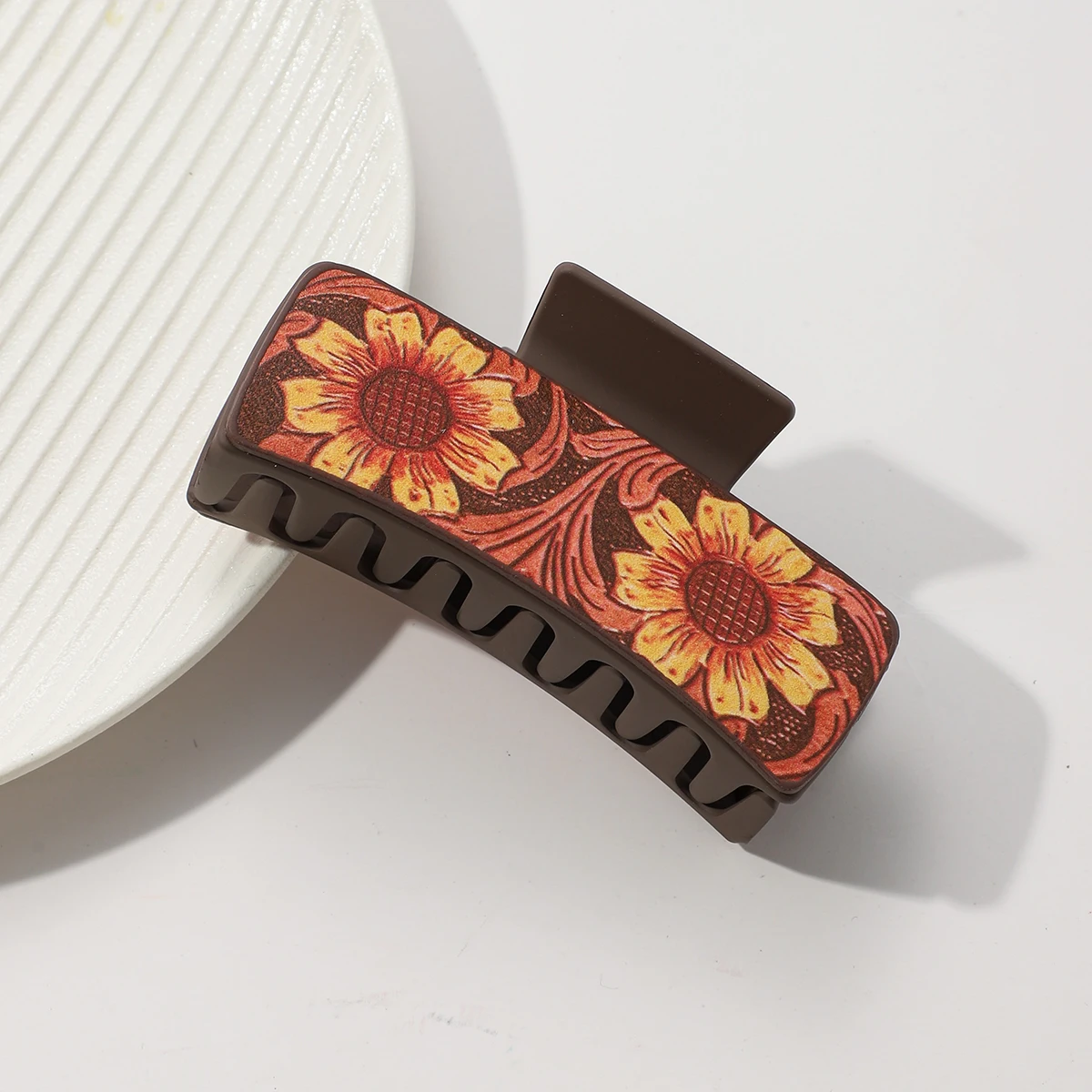Western Leather Hair Claw Clips Sunflower Floral Square Claw Clips for Hairstyling Southwest Print PU Leather Hair Accessories