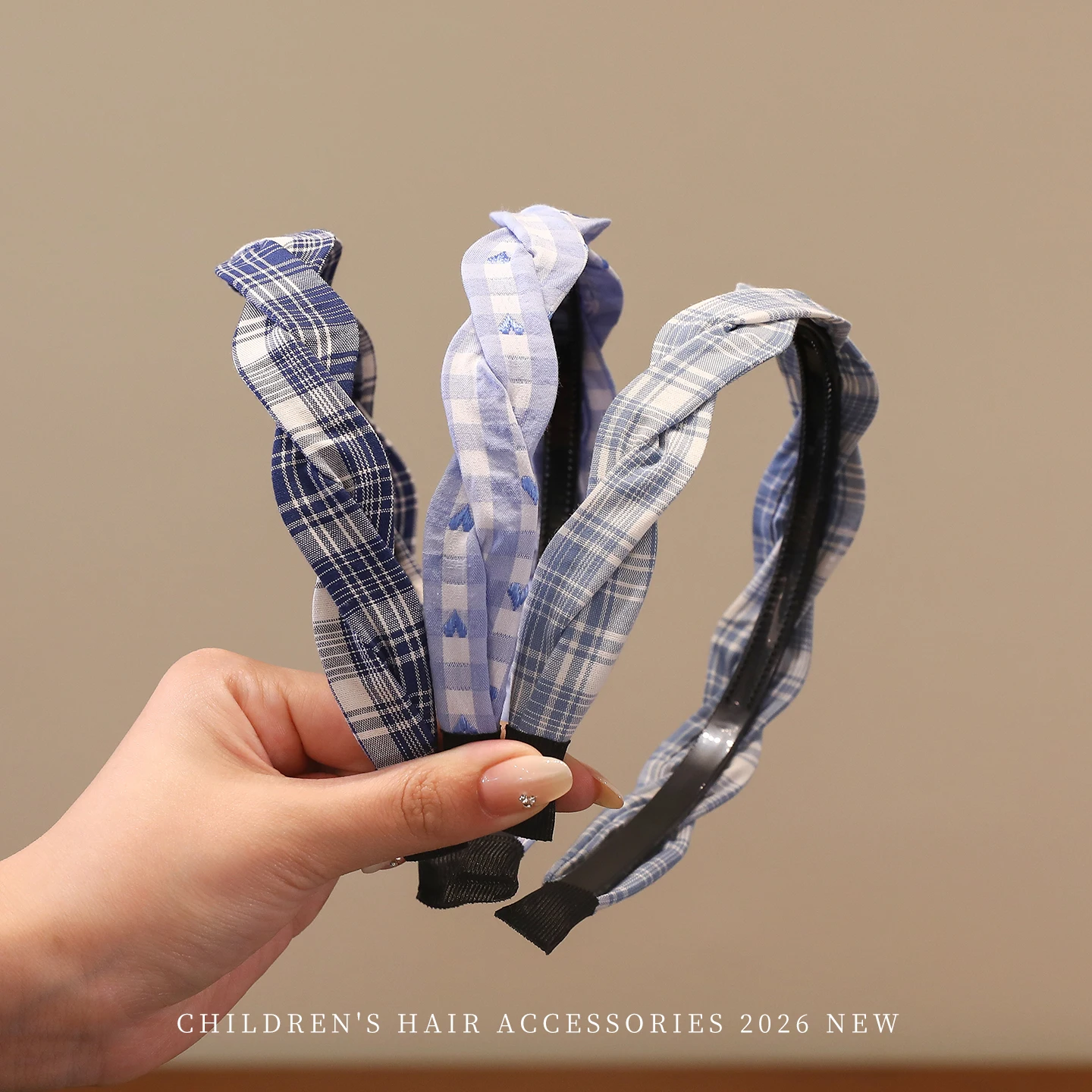 2026 New Preppy Style Gingham Braided Headband for Girls Blue Plaid Soft No Slip Hair Accessories for Toddler Kids Fashion Gift