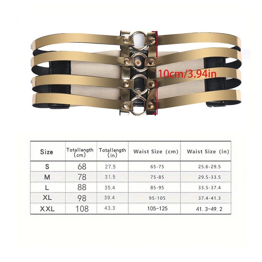 Women's golden stretch belt stylish look with dress party waist cover 4 row loop buckle decorative hollow belt