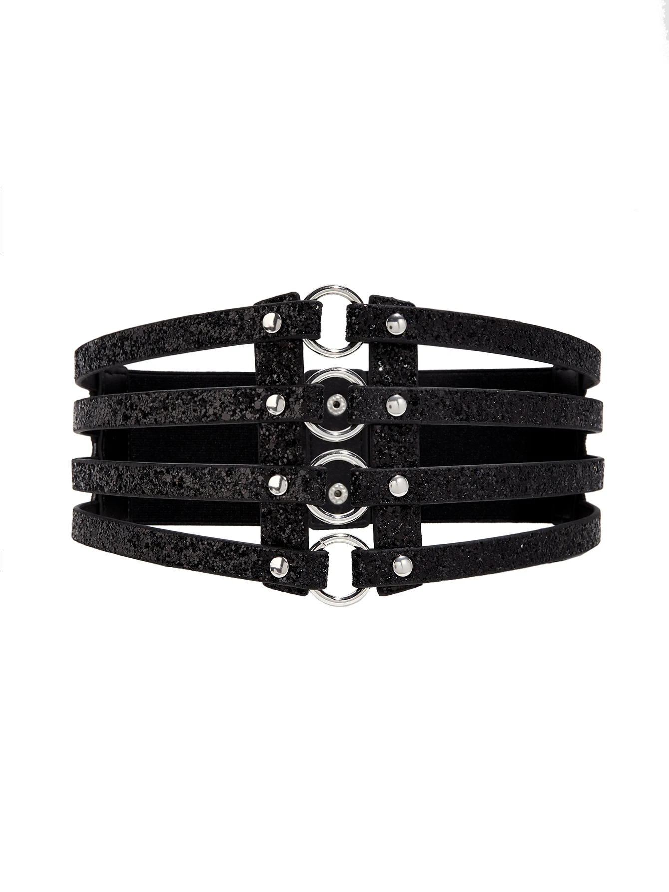 Women's golden stretch belt stylish look with dress party waist cover 4 row loop buckle decorative hollow belt