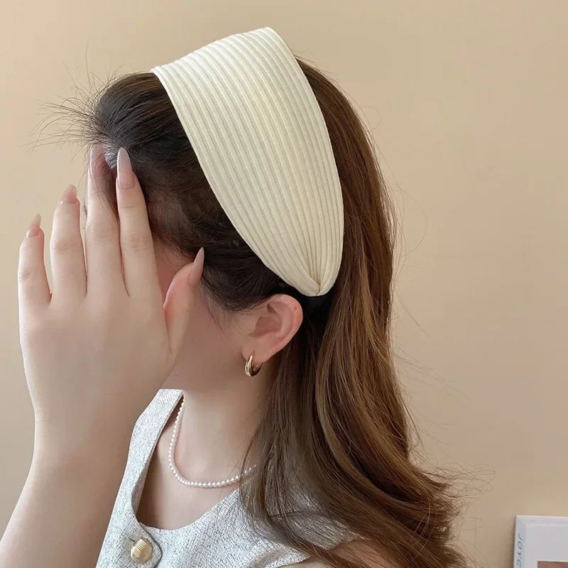 New Vintage Kintting Cloth Headbands for Women Solid Color Wide Stripe Hairband High Skull Top Nonslip Elegant Hair Accessories
