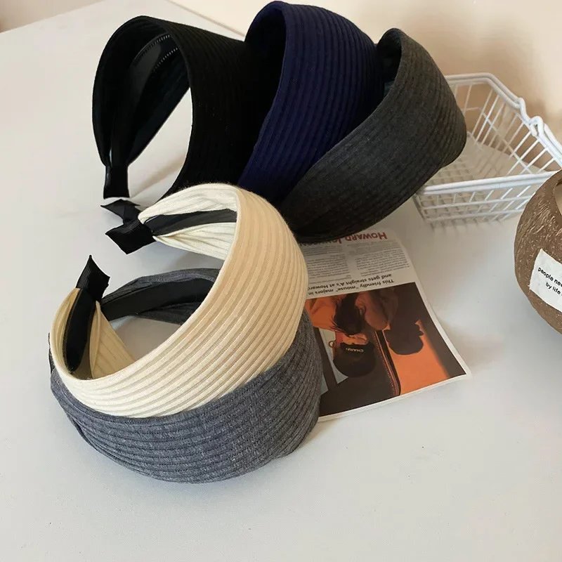 New Vintage Kintting Cloth Headbands for Women Solid Color Wide Stripe Hairband High Skull Top Nonslip Elegant Hair Accessories