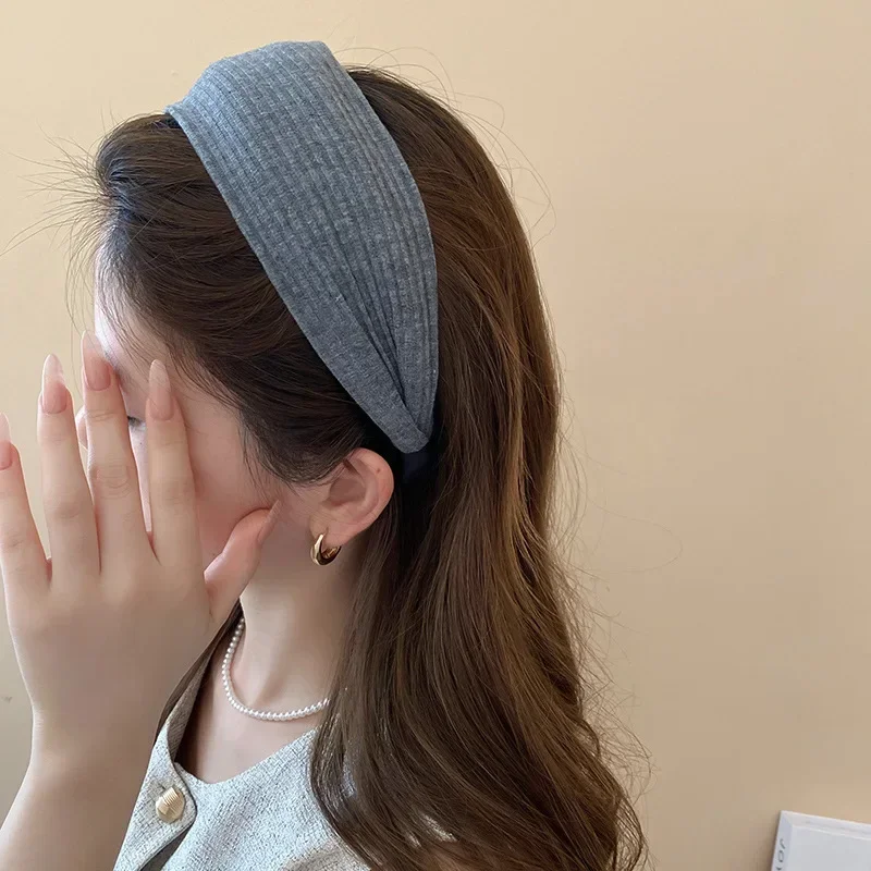 New Vintage Kintting Cloth Headbands for Women Solid Color Wide Stripe Hairband High Skull Top Nonslip Elegant Hair Accessories