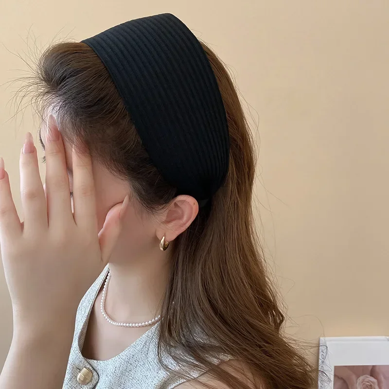 New Vintage Kintting Cloth Headbands for Women Solid Color Wide Stripe Hairband High Skull Top Nonslip Elegant Hair Accessories