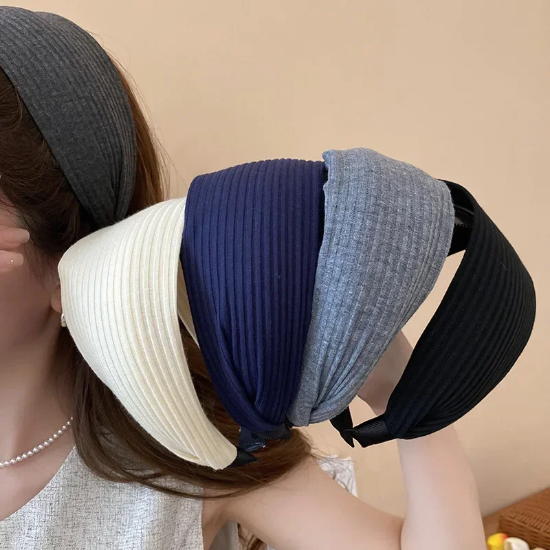 New Vintage Kintting Cloth Headbands for Women Solid Color Wide Stripe Hairband High Skull Top Nonslip Elegant Hair Accessories