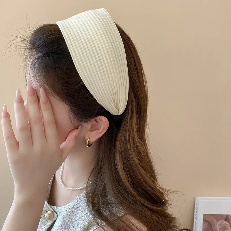 New Vintage Kintting Cloth Headbands for Women Solid Color Wide Stripe Hairband High Skull Top Nonslip Elegant Hair Accessories