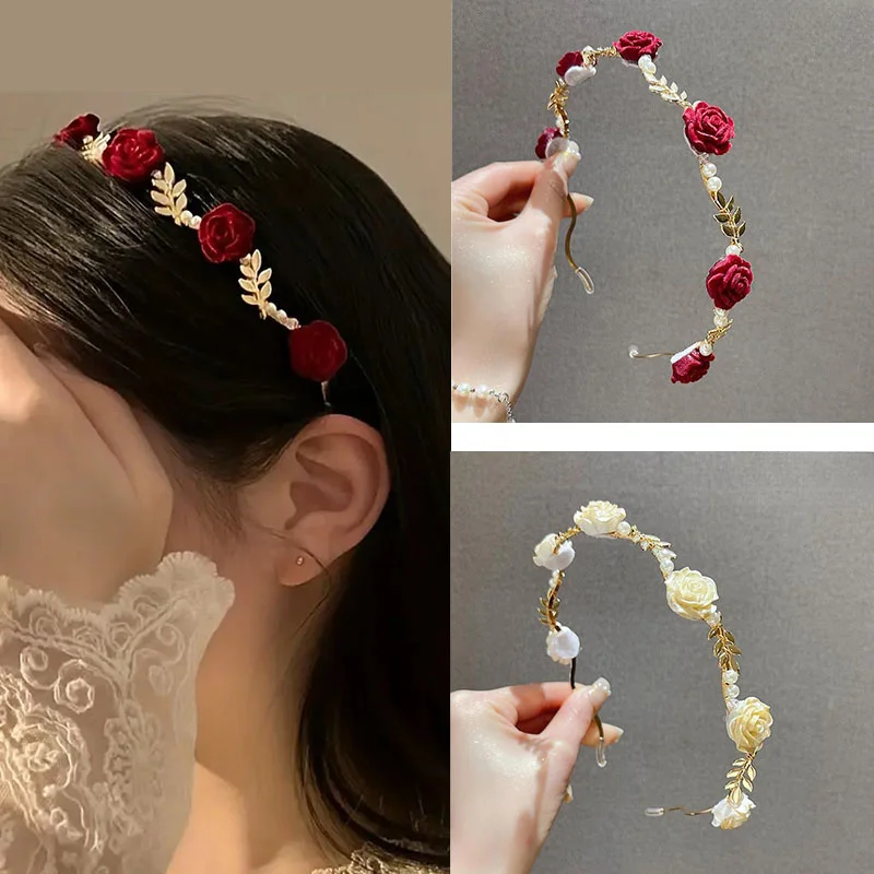 Women's Vintage French Rose & Faux Pearl Hairband - Girl Vintage-Inspired Alloy Headband for Women, Sweet Floral Design