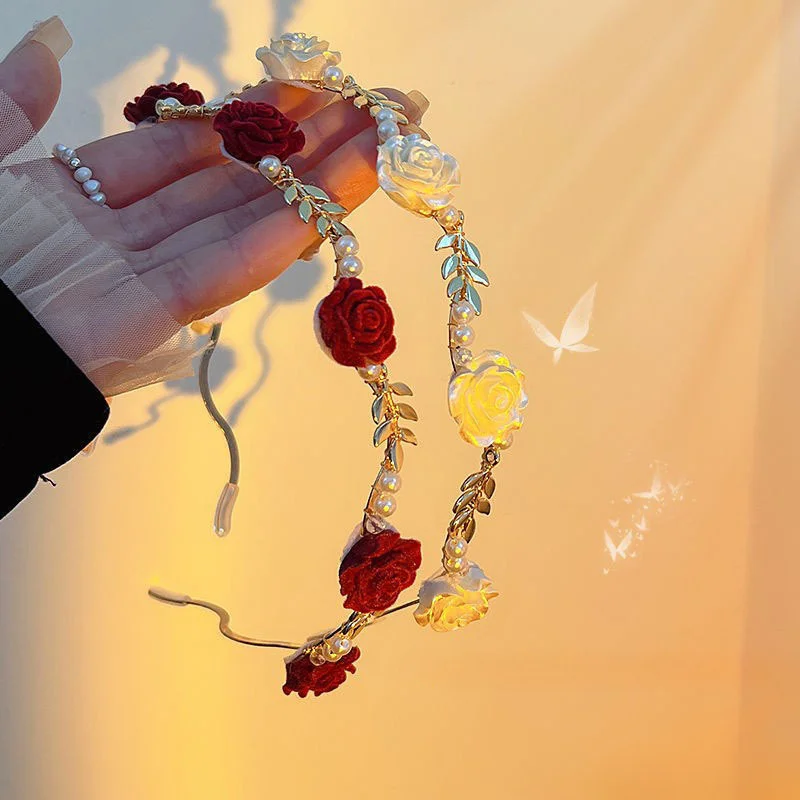 Women's Vintage French Rose & Faux Pearl Hairband - Girl Vintage-Inspired Alloy Headband for Women, Sweet Floral Design