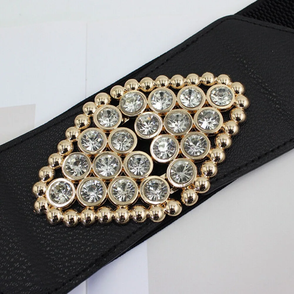 Big Size Black Stretch Corset Waistband Belt Cummerbands Rhinestone Metal Buckle