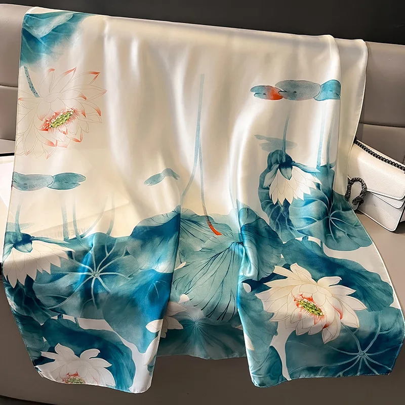 Silk Scarf Women Shawls Female Fashion Flowers For Traveling Sun Protect Sunscreen Beach Scarves Air Conditioning Wraps Luxury