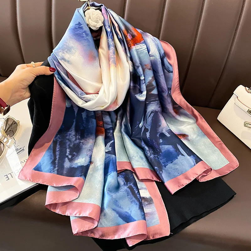 Silk Scarf Women Shawls Female Fashion Flowers For Traveling Sun Protect Sunscreen Beach Scarves Air Conditioning Wraps Luxury