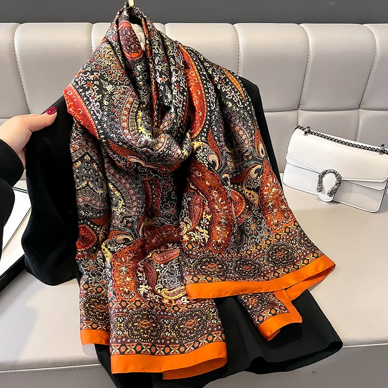 Silk Scarf Women Shawls Female Fashion Flowers For Traveling Sun Protect Sunscreen Beach Scarves Air Conditioning Wraps Luxury