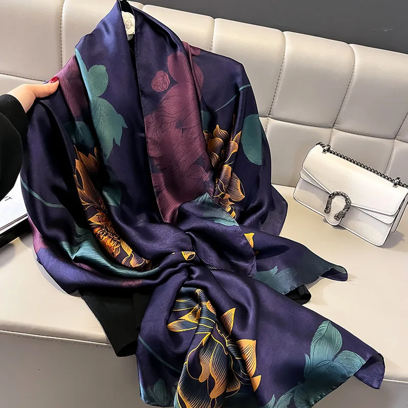 Silk Scarf Women Shawls Female Fashion Flowers For Traveling Sun Protect Sunscreen Beach Scarves Air Conditioning Wraps Luxury