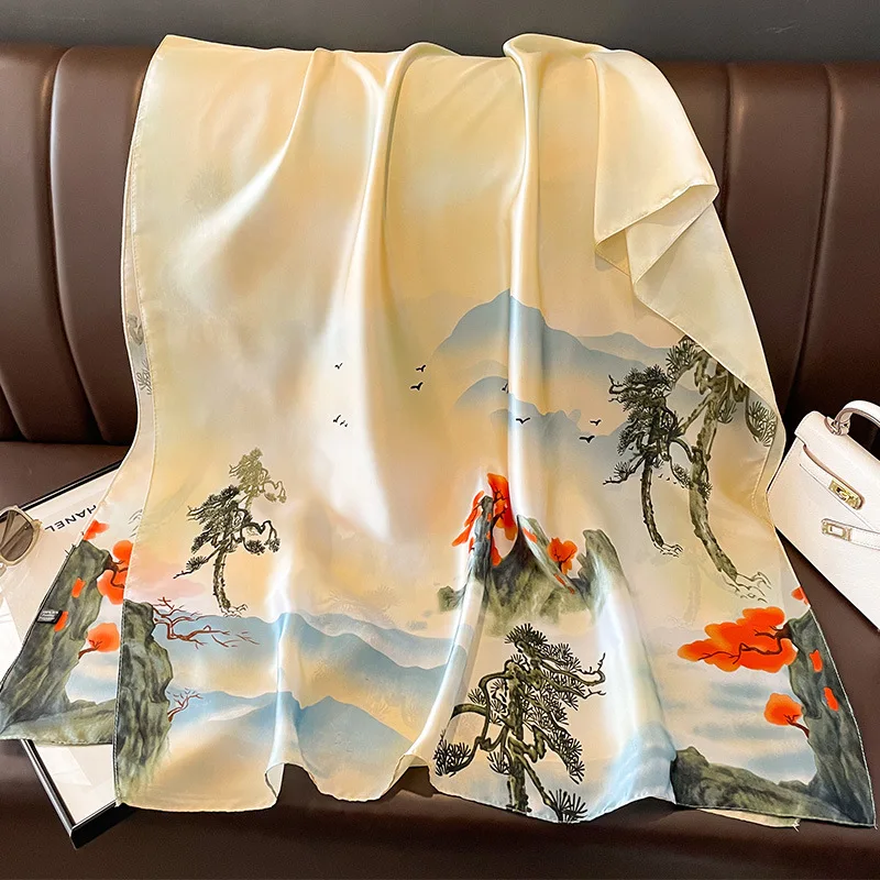 Silk Scarf Women Shawls Female Fashion Flowers For Traveling Sun Protect Sunscreen Beach Scarves Air Conditioning Wraps Luxury
