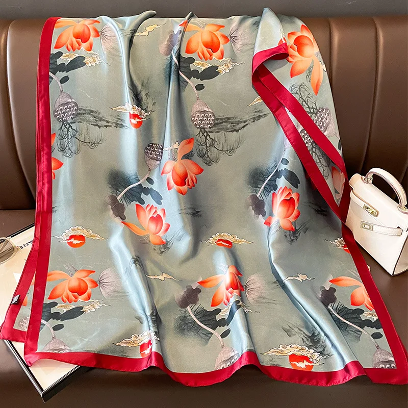 Silk Scarf Women Shawls Female Fashion Flowers For Traveling Sun Protect Sunscreen Beach Scarves Air Conditioning Wraps Luxury
