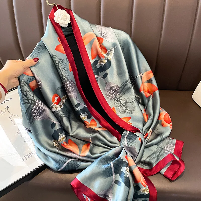 Silk Scarf Women Shawls Female Fashion Flowers For Traveling Sun Protect Sunscreen Beach Scarves Air Conditioning Wraps Luxury