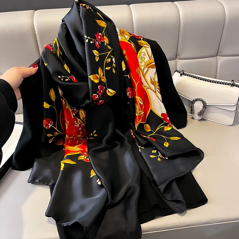 Silk Scarf Women Shawls Female Fashion Flowers For Traveling Sun Protect Sunscreen Beach Scarves Air Conditioning Wraps Luxury