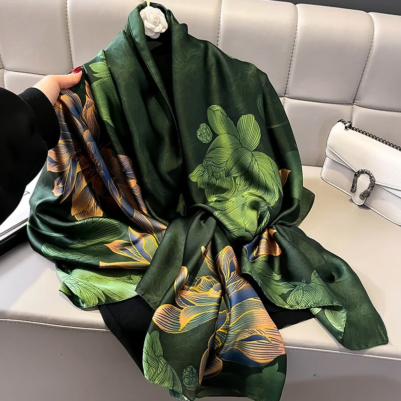 Silk Scarf Women Shawls Female Fashion Flowers For Traveling Sun Protect Sunscreen Beach Scarves Air Conditioning Wraps Luxury