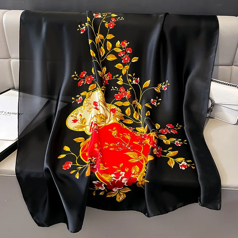 Silk Scarf Women Shawls Female Fashion Flowers For Traveling Sun Protect Sunscreen Beach Scarves Air Conditioning Wraps Luxury