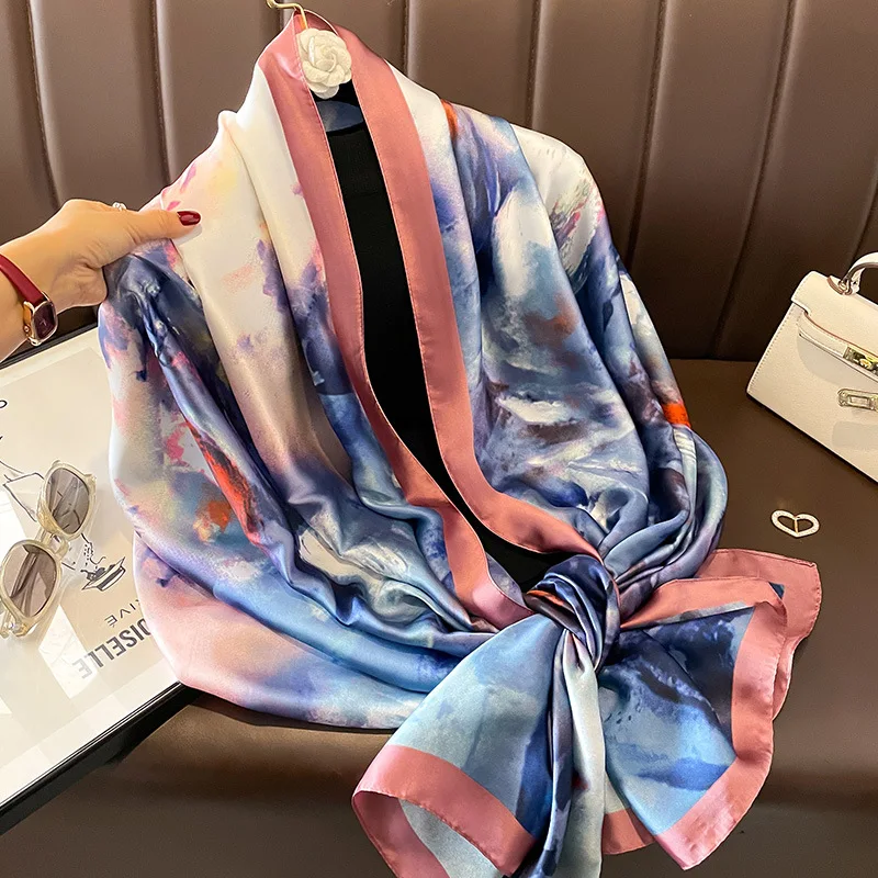Silk Scarf Women Shawls Female Fashion Flowers For Traveling Sun Protect Sunscreen Beach Scarves Air Conditioning Wraps Luxury