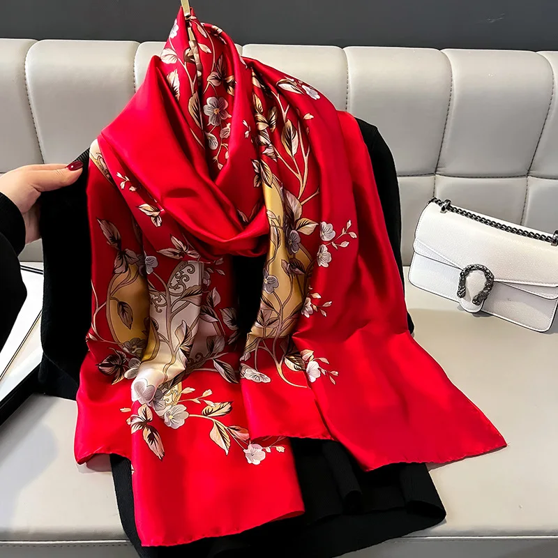 Silk Scarf Women Shawls Female Fashion Flowers For Traveling Sun Protect Sunscreen Beach Scarves Air Conditioning Wraps Luxury