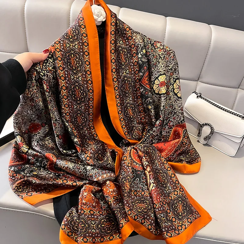 Silk Scarf Women Shawls Female Fashion Flowers For Traveling Sun Protect Sunscreen Beach Scarves Air Conditioning Wraps Luxury
