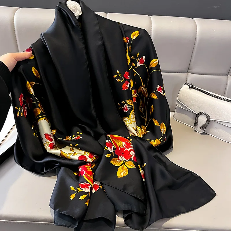 Silk Scarf Women Shawls Female Fashion Flowers For Traveling Sun Protect Sunscreen Beach Scarves Air Conditioning Wraps Luxury