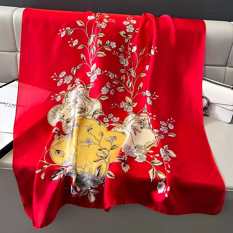 Silk Scarf Women Shawls Female Fashion Flowers For Traveling Sun Protect Sunscreen Beach Scarves Air Conditioning Wraps Luxury