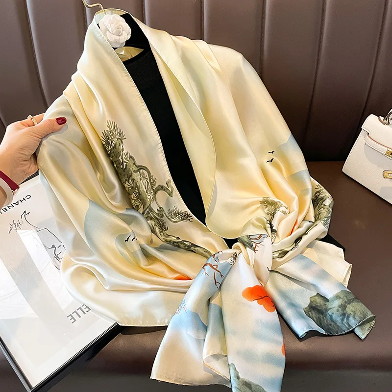 Silk Scarf Women Shawls Female Fashion Flowers For Traveling Sun Protect Sunscreen Beach Scarves Air Conditioning Wraps Luxury