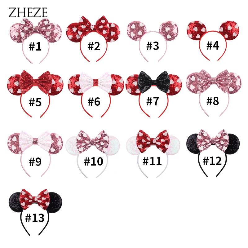 New Valentine's Day Mouse Ears Headband For Girls Women Sequins Love 5"Bow Hairbands Festival Party DIY Hair Accessories Femmes