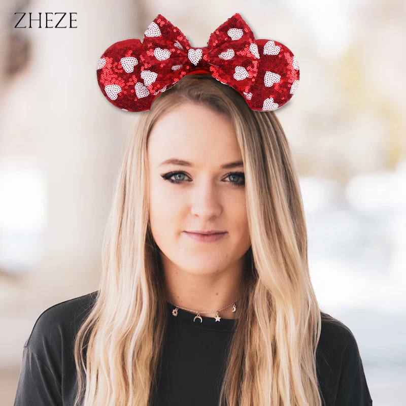 New Valentine's Day Mouse Ears Headband For Girls Women Sequins Love 5"Bow Hairbands Festival Party DIY Hair Accessories Femmes