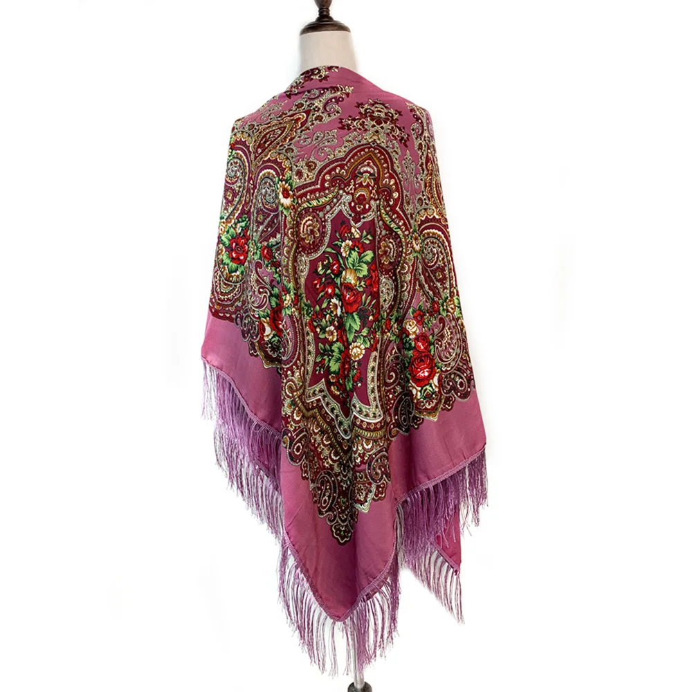 160*160cm Russian Style Luxury Floral Print Square Scarf Women Traditional Fringed UKrainian Shawl Babushka Bandana Head Wraps