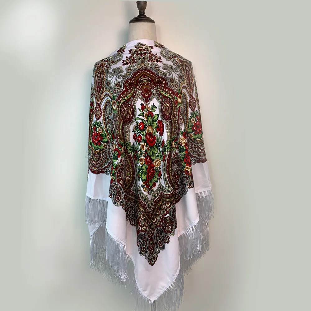 160*160cm Russian Style Luxury Floral Print Square Scarf Women Traditional Fringed UKrainian Shawl Babushka Bandana Head Wraps