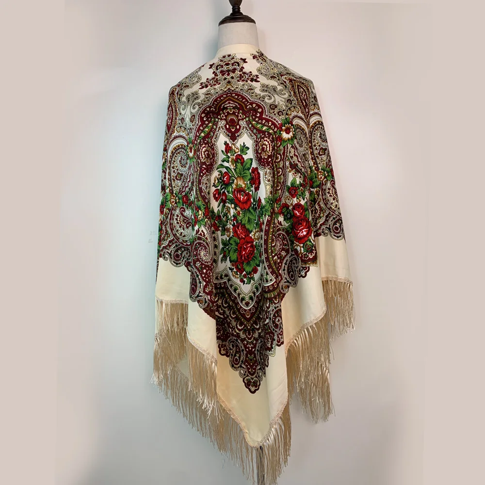 160*160cm Russian Style Luxury Floral Print Square Scarf Women Traditional Fringed UKrainian Shawl Babushka Bandana Head Wraps