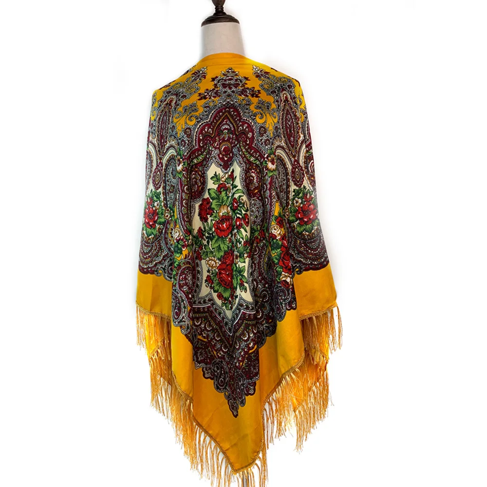 160*160cm Russian Style Luxury Floral Print Square Scarf Women Traditional Fringed UKrainian Shawl Babushka Bandana Head Wraps