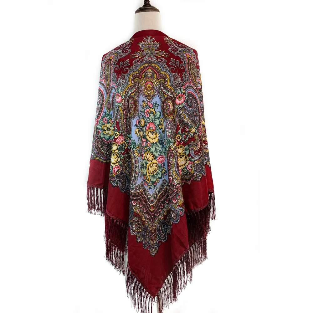 160*160cm Russian Style Luxury Floral Print Square Scarf Women Traditional Fringed UKrainian Shawl Babushka Bandana Head Wraps