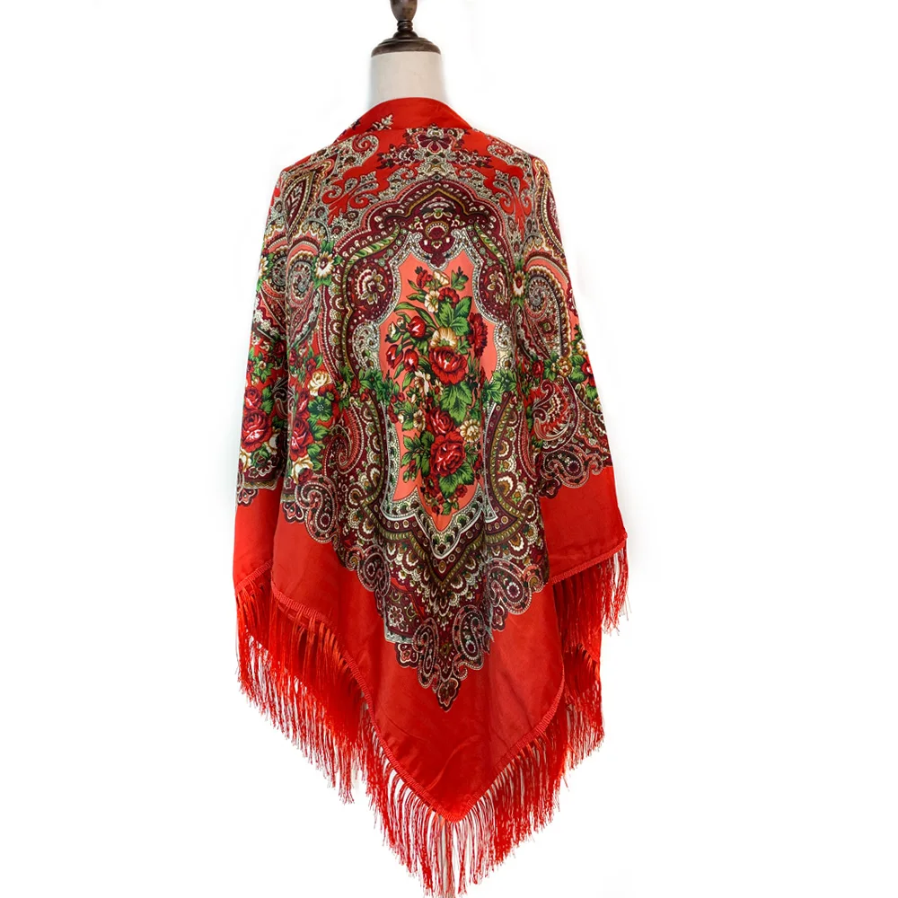 160*160cm Russian Style Luxury Floral Print Square Scarf Women Traditional Fringed UKrainian Shawl Babushka Bandana Head Wraps