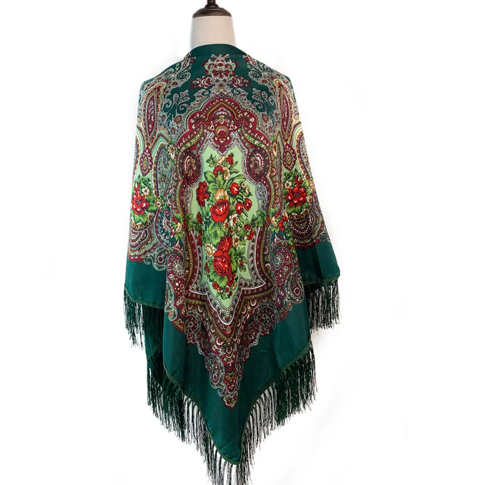 160*160cm Russian Style Luxury Floral Print Square Scarf Women Traditional Fringed UKrainian Shawl Babushka Bandana Head Wraps