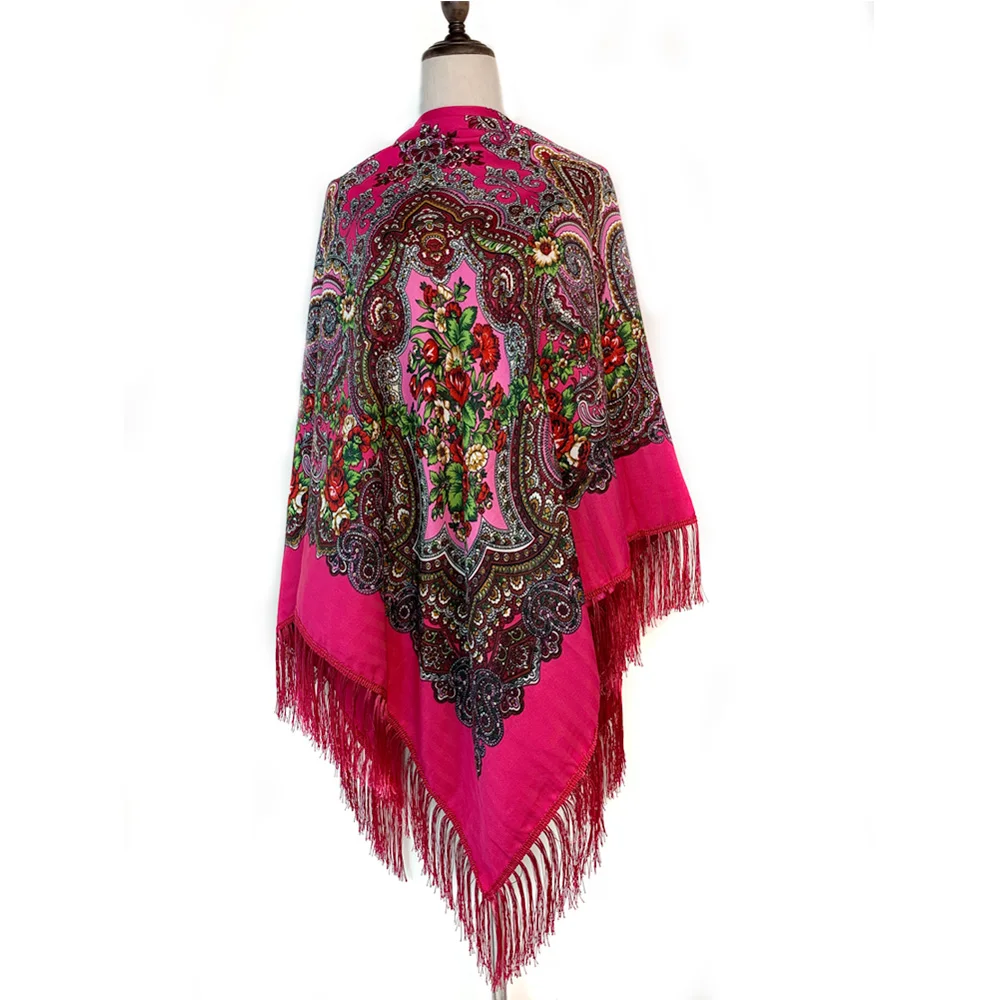 160*160cm Russian Style Luxury Floral Print Square Scarf Women Traditional Fringed UKrainian Shawl Babushka Bandana Head Wraps