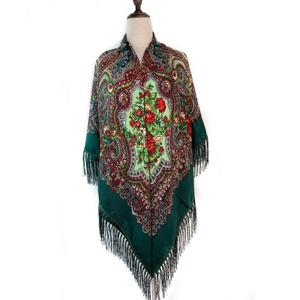 160*160cm Russian Style Luxury Floral Print Square Scarf Women Traditional Fringed UKrainian Shawl Babushka Bandana Head Wraps