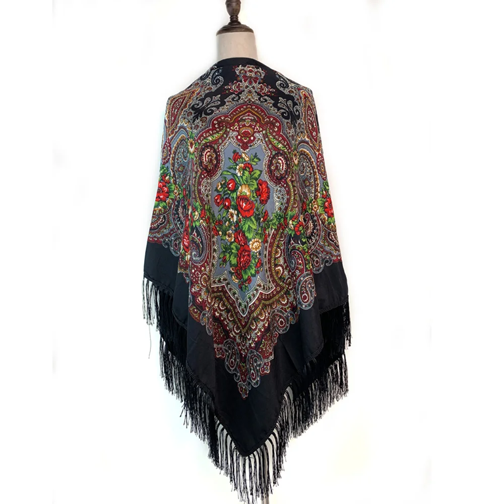 160*160cm Russian Style Luxury Floral Print Square Scarf Women Traditional Fringed UKrainian Shawl Babushka Bandana Head Wraps
