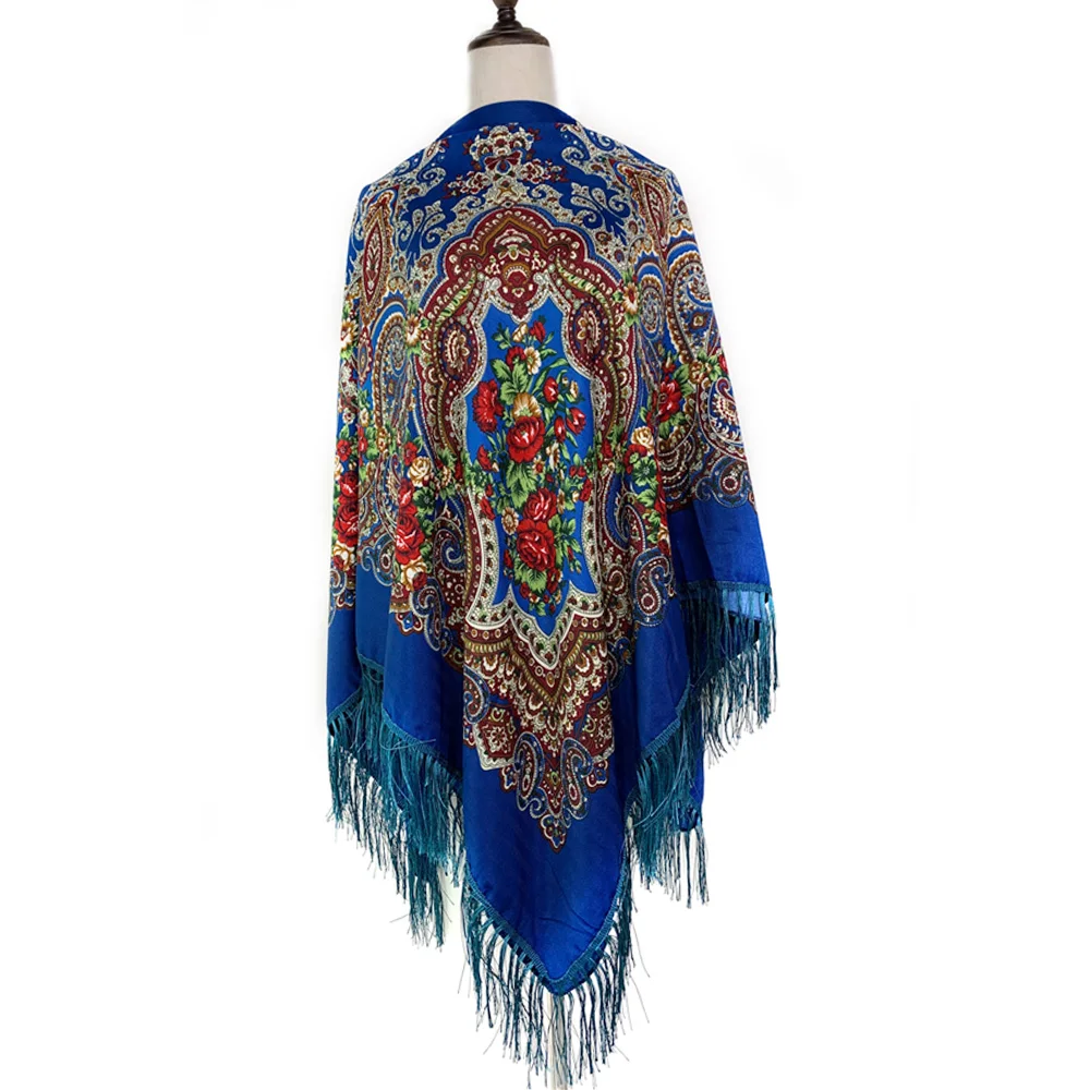 160*160cm Russian Style Luxury Floral Print Square Scarf Women Traditional Fringed UKrainian Shawl Babushka Bandana Head Wraps